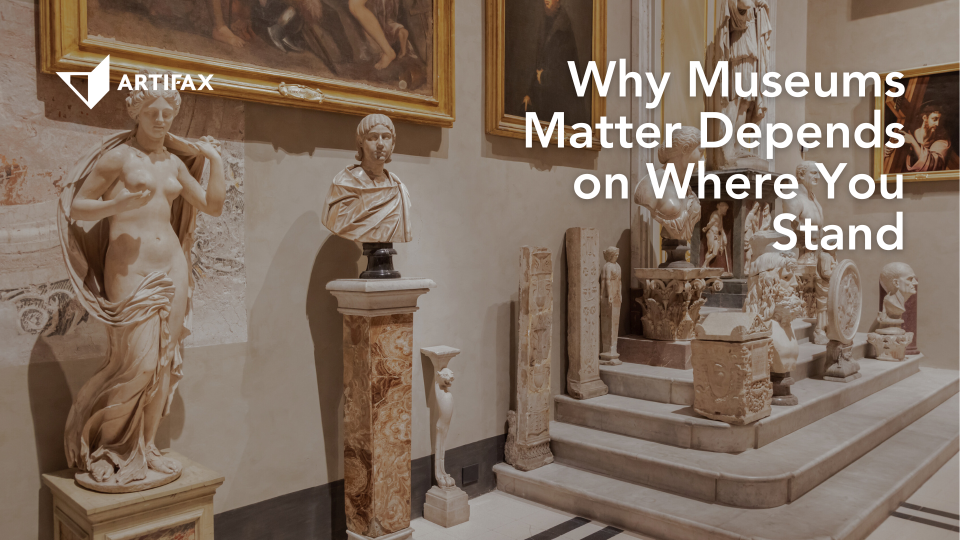 Classical sculptures and framed artworks displayed inside a museum gallery, representing the cultural and personal perspectives that shape why museums matter.