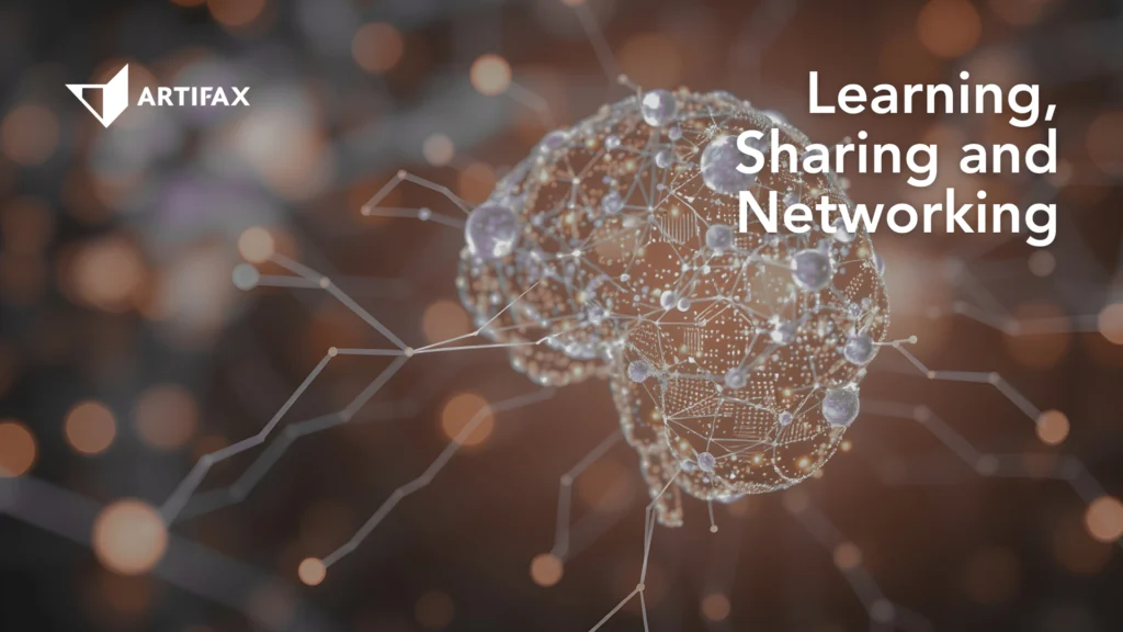 Artifax banner featuring a digital neural network forming the shape of a brain, with the heading Learning, Sharing and Networking.