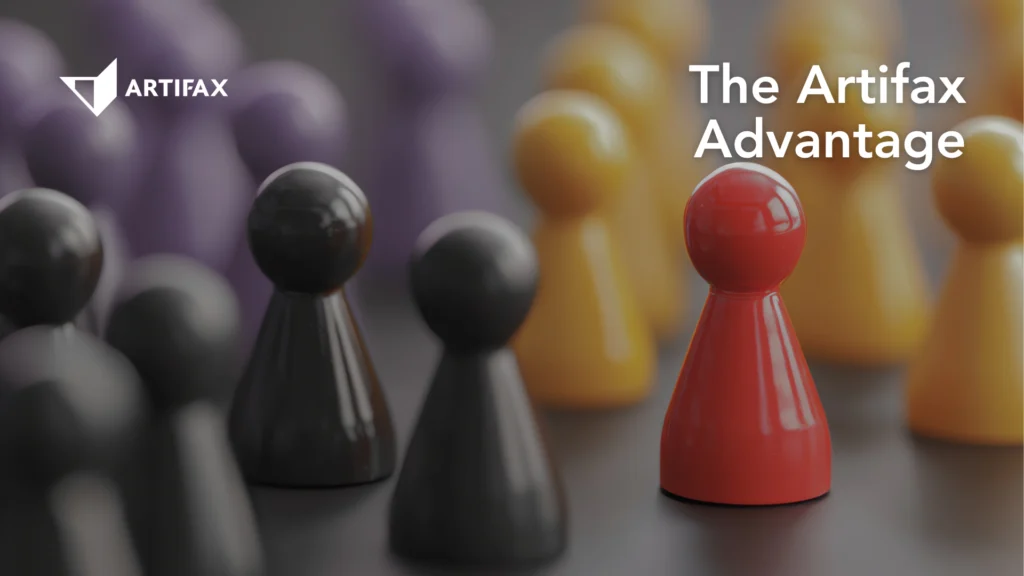 A group of colourful game pawns stands together, with a bright red pawn positioned prominently in the foreground to symbolize standing out. The text “The Artifax Advantage” appears on the right side of the image.