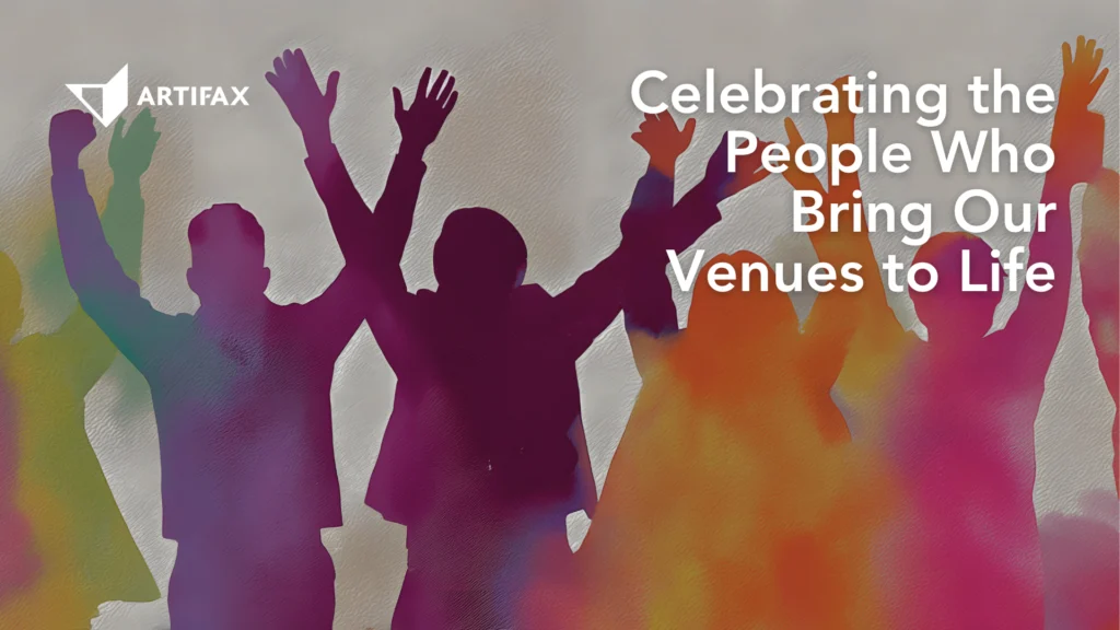 Colourful silhouette illustration of people celebrating with raised arms at a venue