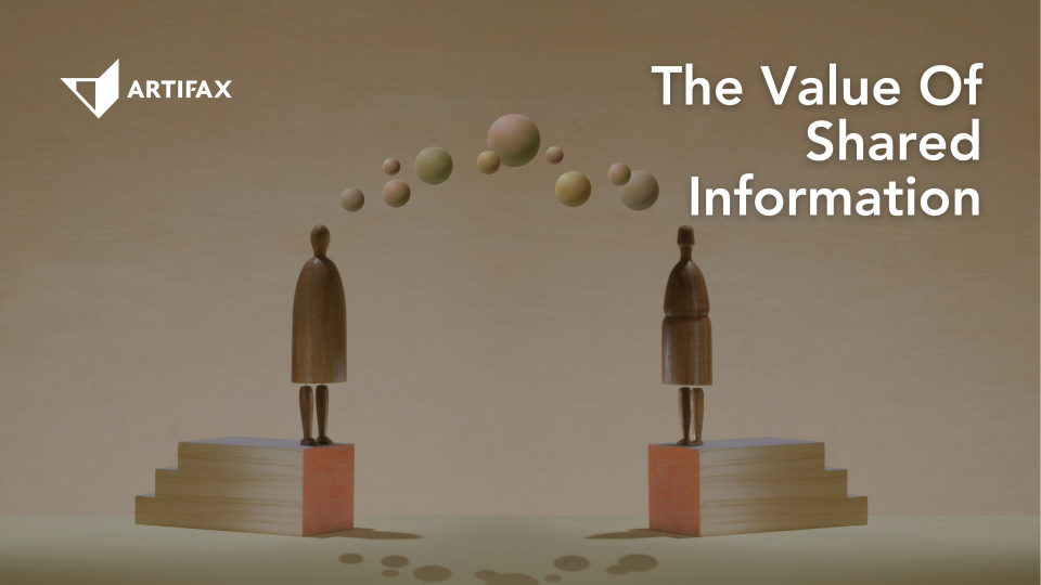 Two wooden figures exchanging floating spheres symbolising shared information, with Artifax branding and the text The Value Of Shared Information