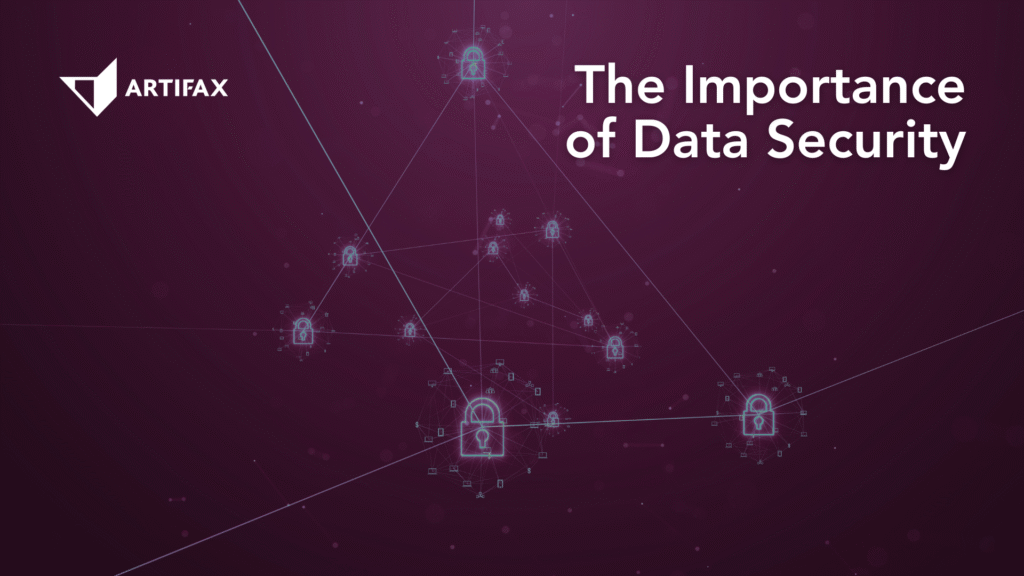 Artifax banner featuring interconnected digital padlock icons on a purple background with the heading The Importance of Data Security.