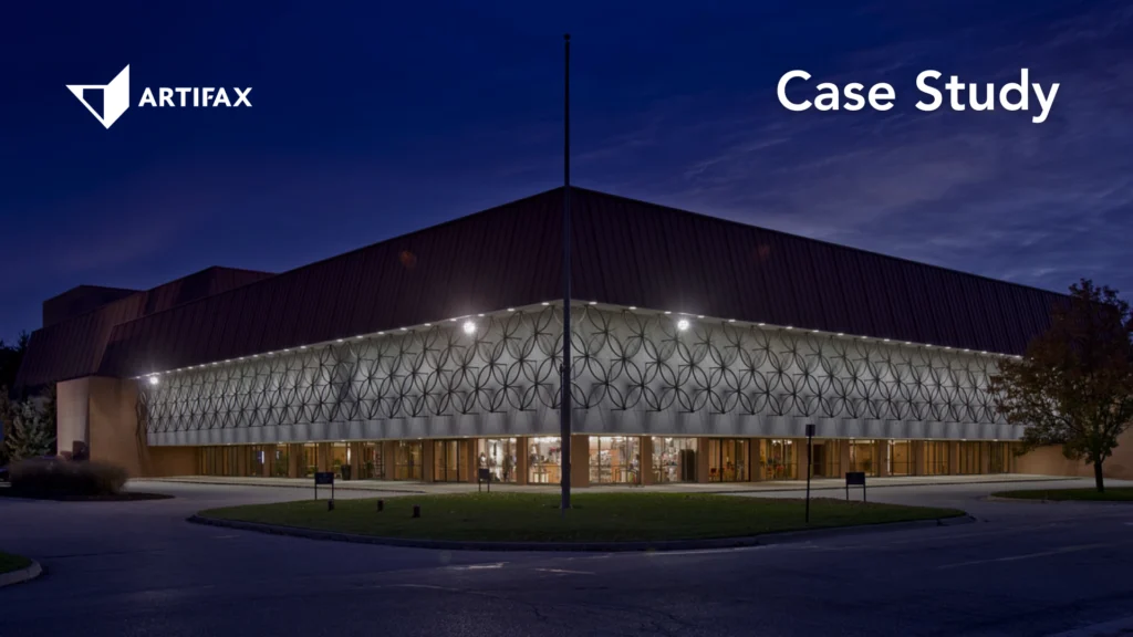 Midland Center for the Arts exterior illuminated at night with geometric facade.