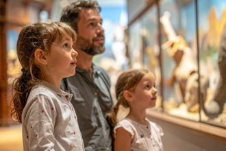 A father and his two young daughters looking at a museum diorama.