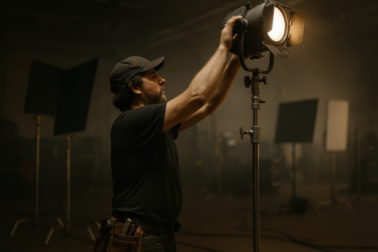 Stage technician adjusting a spotlight in a dark studio.