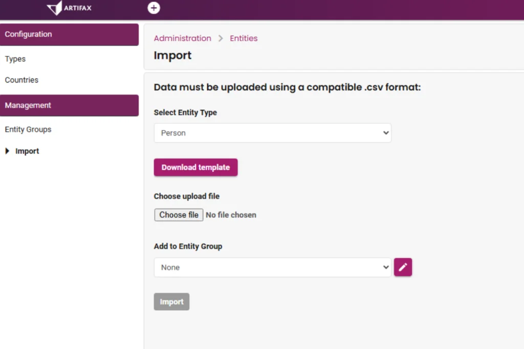 Screenshot of the Artifax software interface showing the data import screen with options to upload CSV files and assign entity groups.