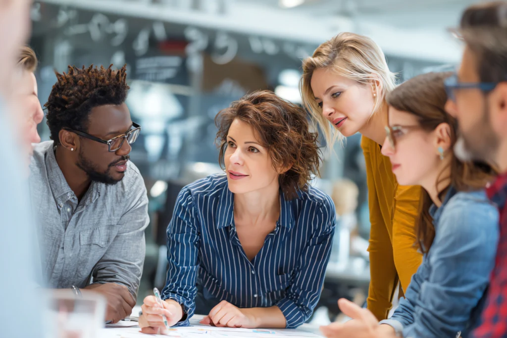 Diverse team in creative planning session in an open office space.