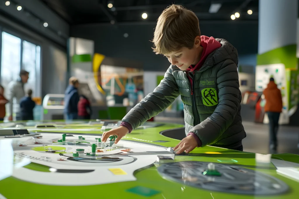 Child playing with an interactive exhibit at a science or discovery center.