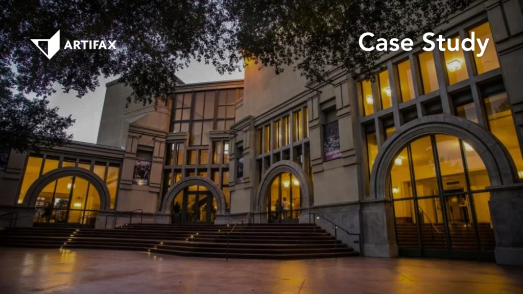 Exterior view of the California Center for the Arts Escondido building at dusk
