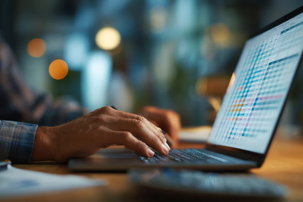 Close-up of hands typing on a laptop showing colorful spreadsheet data.