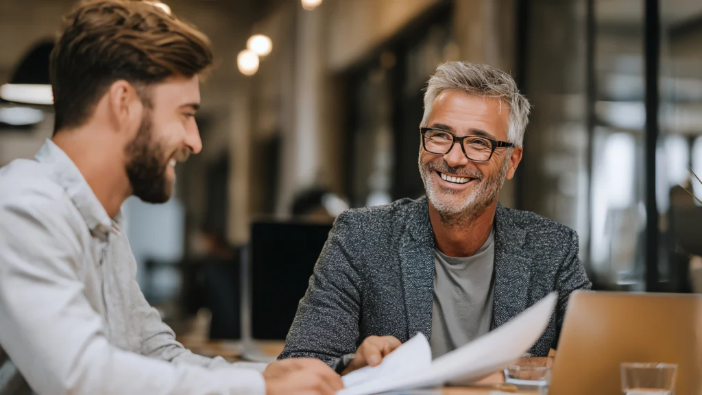 Two professionals smiling and reviewing documents together during a business meeting in an office.