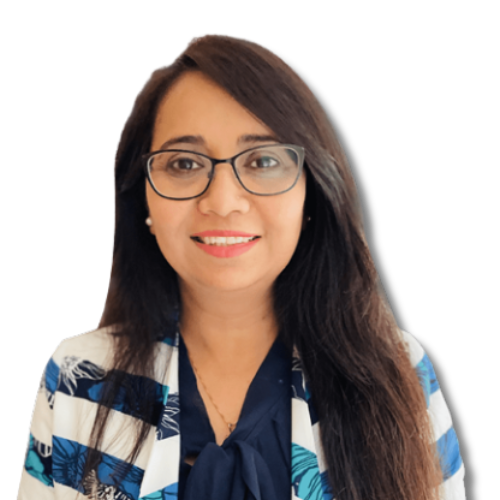 Woman in glasses and patterned blazer
