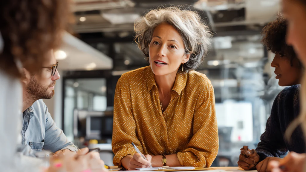 Senior professional leading a discussion with colleagues around a table in a modern office.