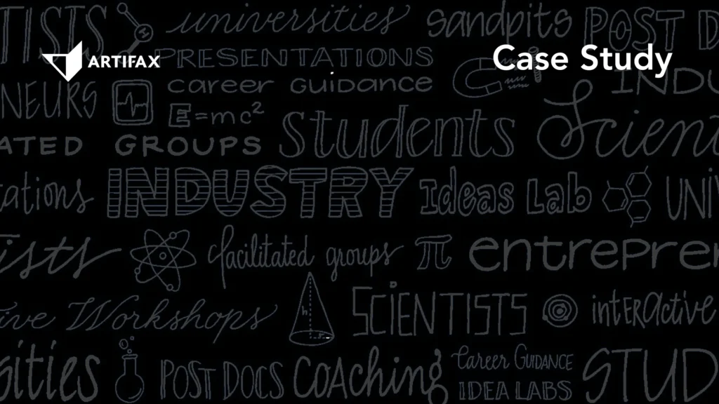 Artifax case study header featuring handwritten words related to education, science, and industry on a black background.