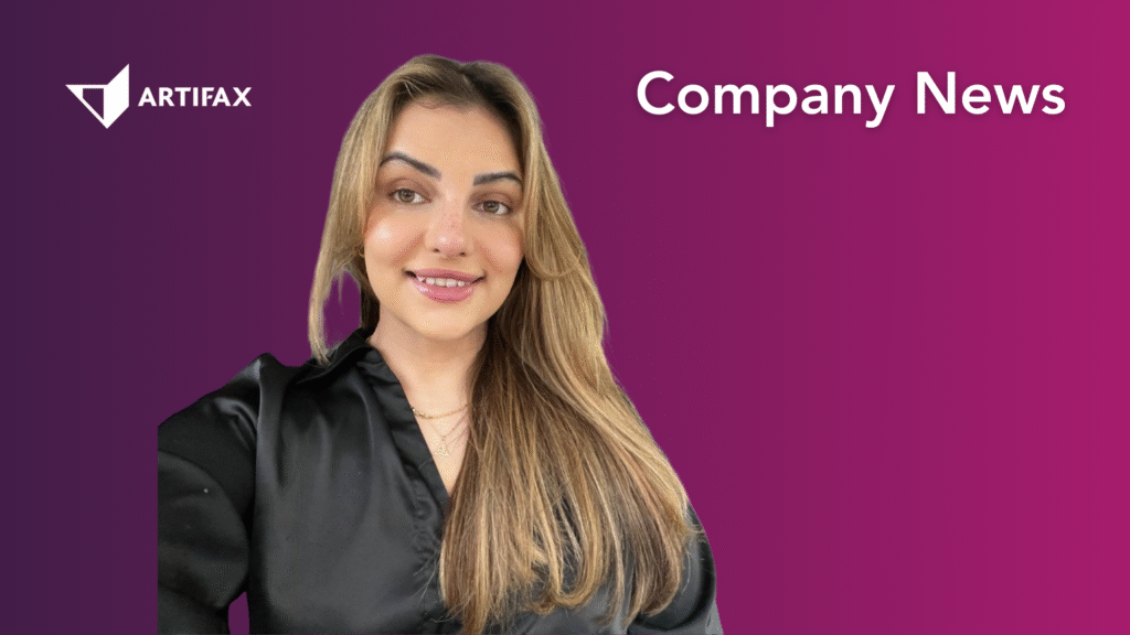 Artifax banner featuring a headshot of a woman smiling against a purple gradient background with the heading Company News.