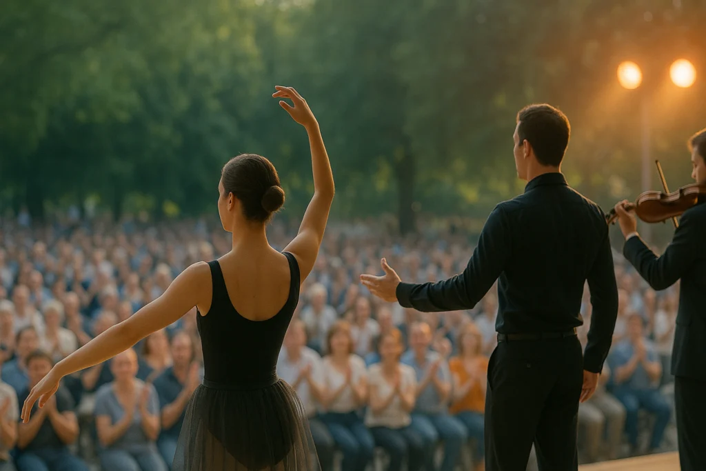 Dancers and a violinist perform to a large outdoor audience at sunset.