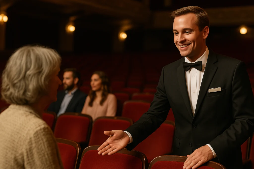 A front-of-house staff member greeting a guest inside a theatre.