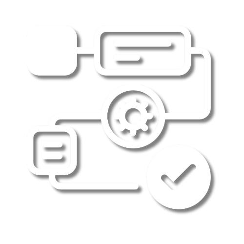 White workflow diagram icon with connected shapes, a gear symbol, and a checkmark.