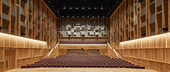 A large modern auditorium with wooden wall panelling, geometric acoustic panels, and rows of empty tiered seating facing a stage.