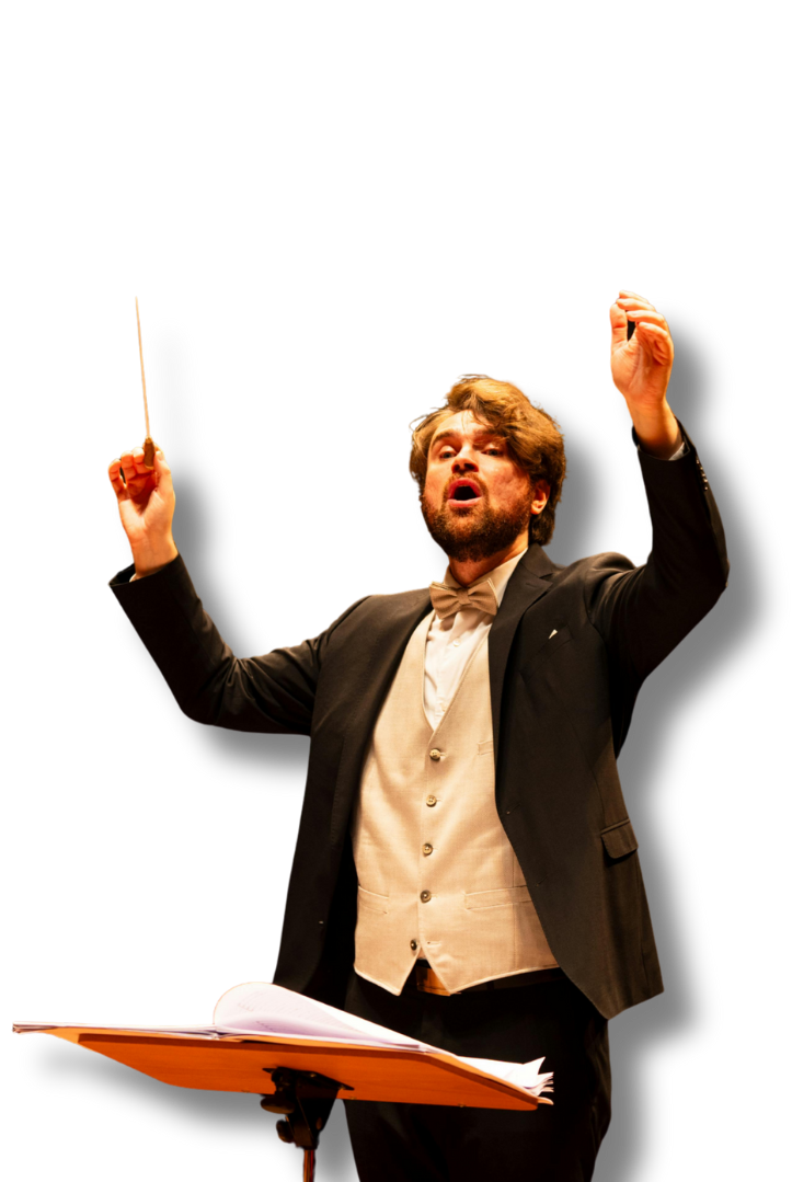 A conductor raising both hands while directing an orchestra, isolated on a transparent background.
