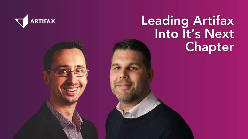 Two Artifax leaders smiling, with the headline "Leading Artifax Into Its Next Chapter" on a purple gradient background.