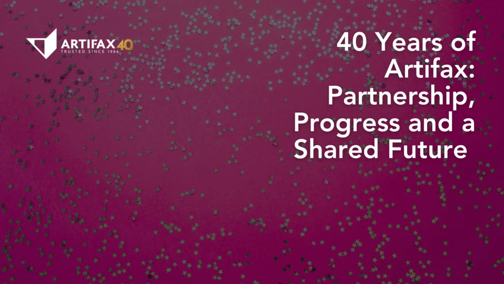 Artifax 40th anniversary graphic with pink background and star confetti, featuring the headline “40 Years of Artifax: Partnership, Progress and a Shared Future”.
